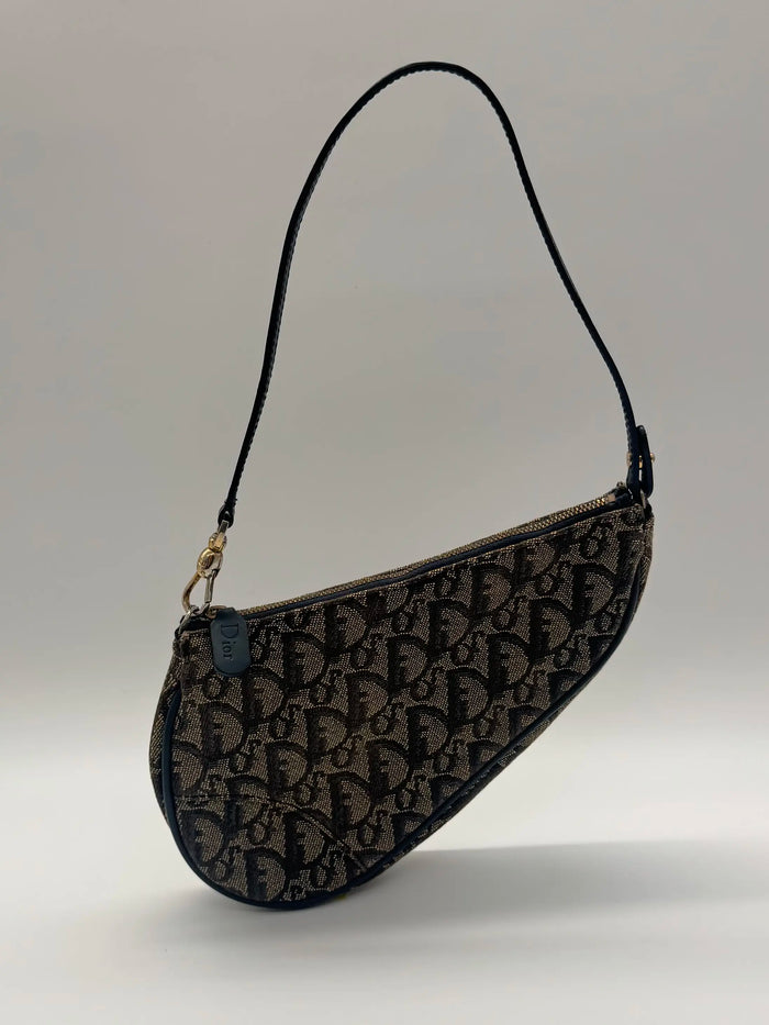 Sac à épaule Saddle en toile Oblique bleu marine et beige