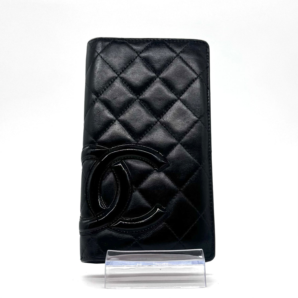 Portefeuille Cambon en cuir matelassé noir et cuir lisse rose