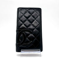 Portefeuille Cambon en cuir matelassé noir et cuir lisse rose