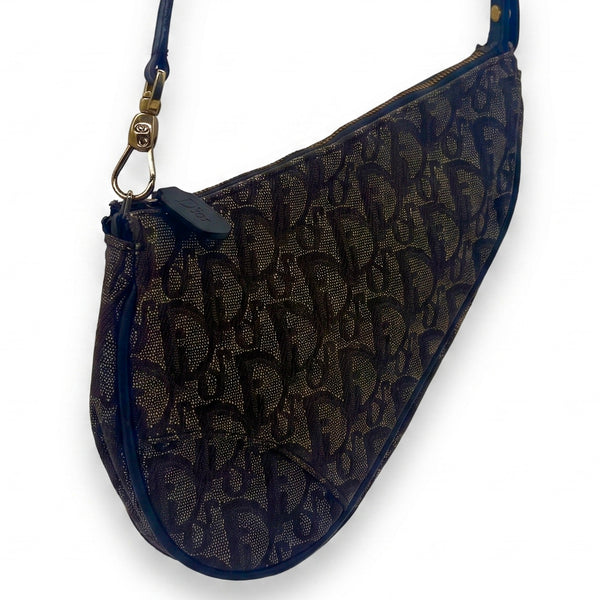 Sac à épaule Saddle en toile Oblique bleu marine et beige