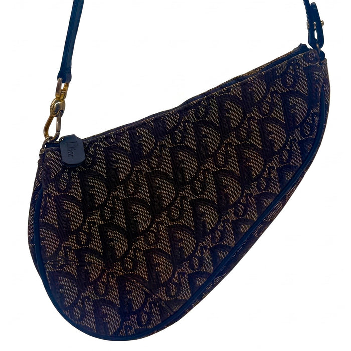 Sac à épaule Saddle en toile Oblique bleu marine et beige
