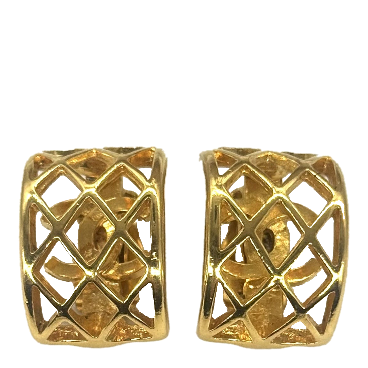 Boucles d'oreilles CC caged Chanel en laiton doré, vue de face