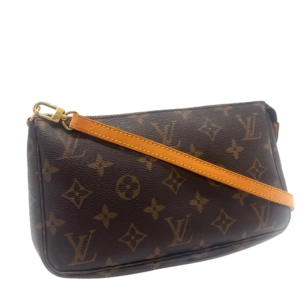 Pochette accessoires en toile Monogram avec bandoulière en cuir, vue de trois quarts