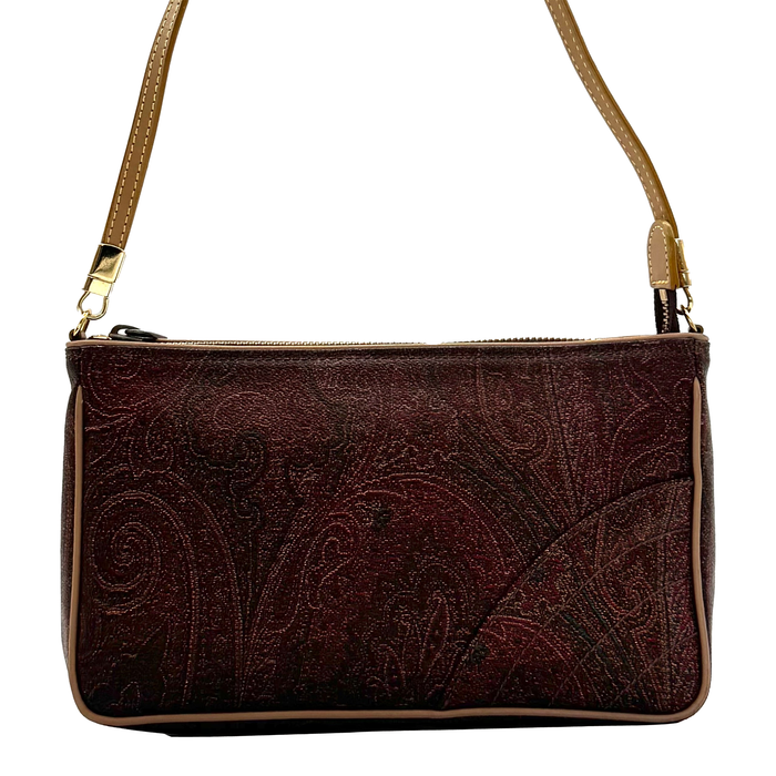 Sac à épaule Paisley en cuir de vachette et PVC marron, ocre et terre cuite