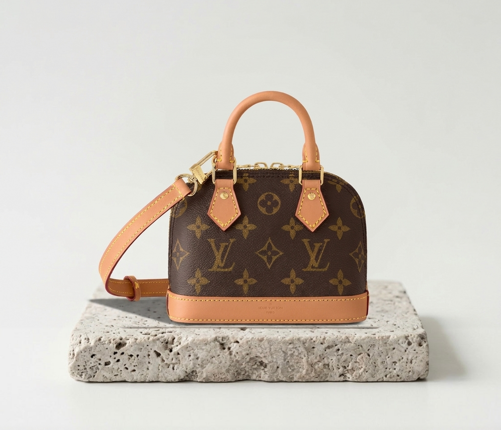 Sac Alma Nano Louis Vuitton sur un socle en travertin